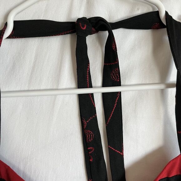 VTG Y2K Rampage Halter Dress Black Red Foral Embroidered Sweetheart Neck Sz 7 - Picture 3 of 12